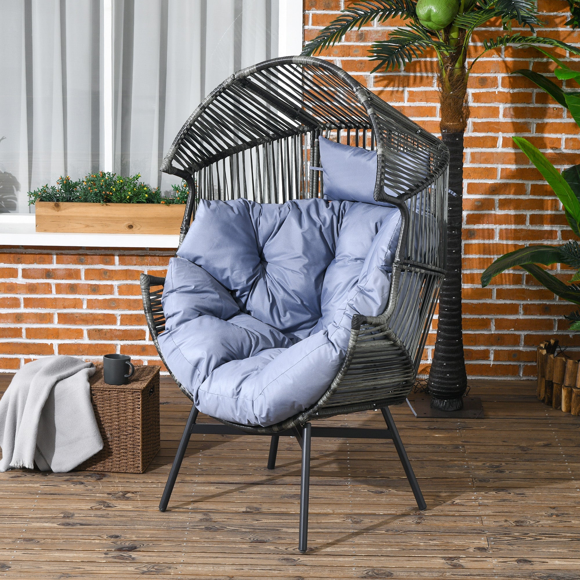 Outsunny Rattan Leisure Chair W/ Cushion, Garden Egg Chair W/headrest