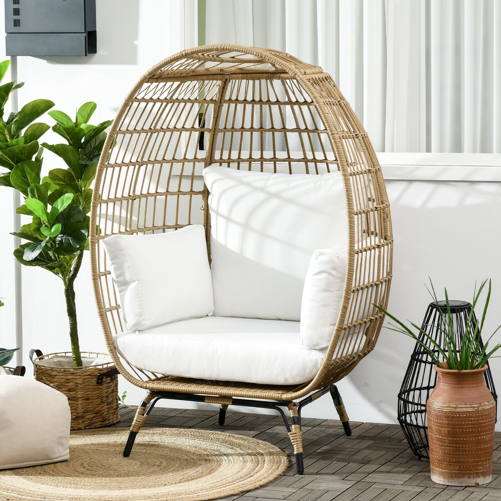 Outsunny Round Rattan Egg Chair W/ Cushions Khaki