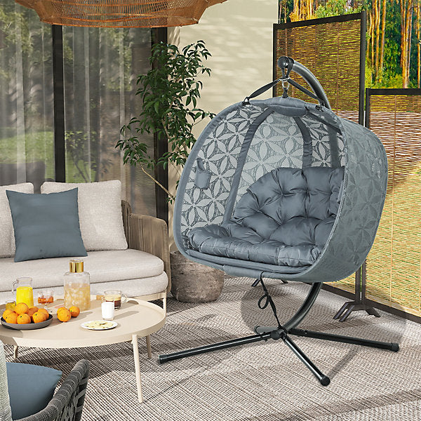 Double Hanging Swing Chair with Stand & Cup Holders, Charcoal Grey
