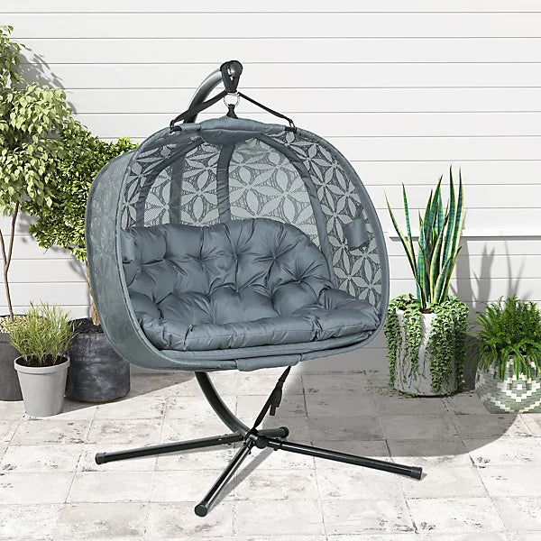 Double Hanging Swing Chair with Stand & Cup Holders, Charcoal Grey