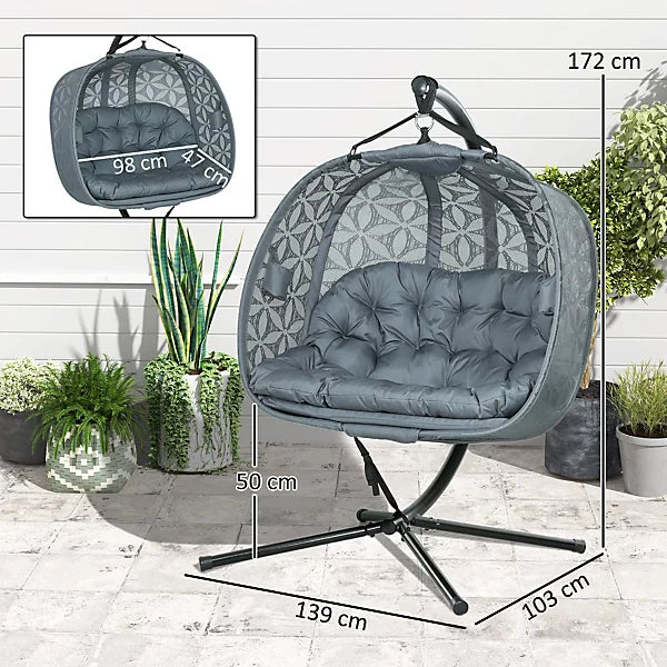 Double Hanging Swing Chair with Stand & Cup Holders, Charcoal Grey